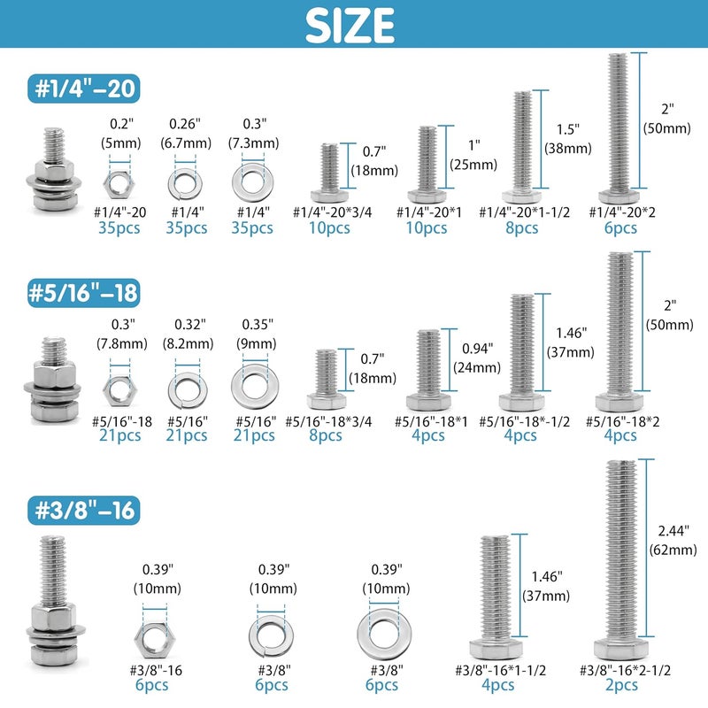 SATANTECH 246PCS Hex Head Bolts and Nuts Assortment Kit, Stainless Steel 1/4-20, 5/16-18, 3/8-16, Assorted Nuts and Bolts, Flat & Spring Lock Washers with Case - Image 3